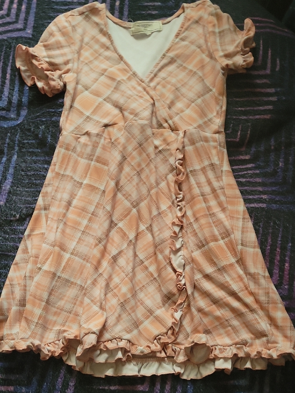 No Comment Girls Peach Plaid Ruffle Wrap Dress